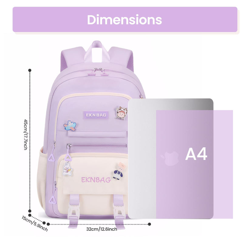 Tanou Mochila Escolar para Niñas de 8-12 Años, 20L, Kawaii, Impermeable, Morado