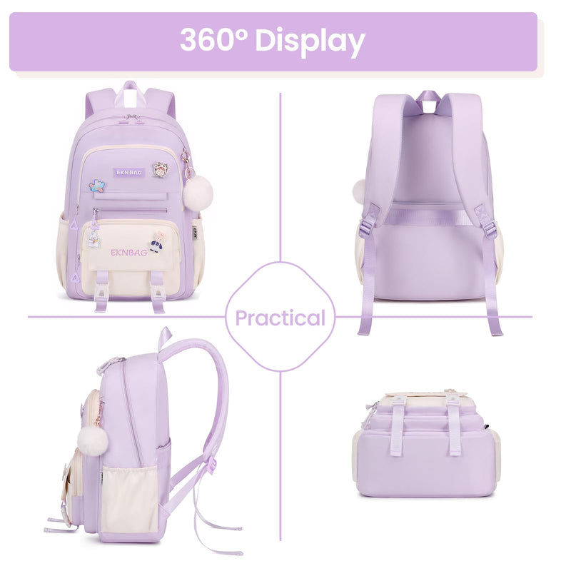 Tanou Mochila Escolar para Niñas de 8-12 Años, 20L, Kawaii, Impermeable, Morado