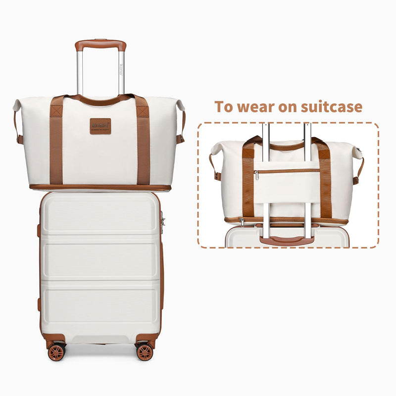 Kono Juego de Equipaje de 4 Piezas, ABS Rígido Ligero, Maleta de Cabina con Cerradura TSA, Incluye Bolsa Fin de Semana y Neceser, Blanco Crema