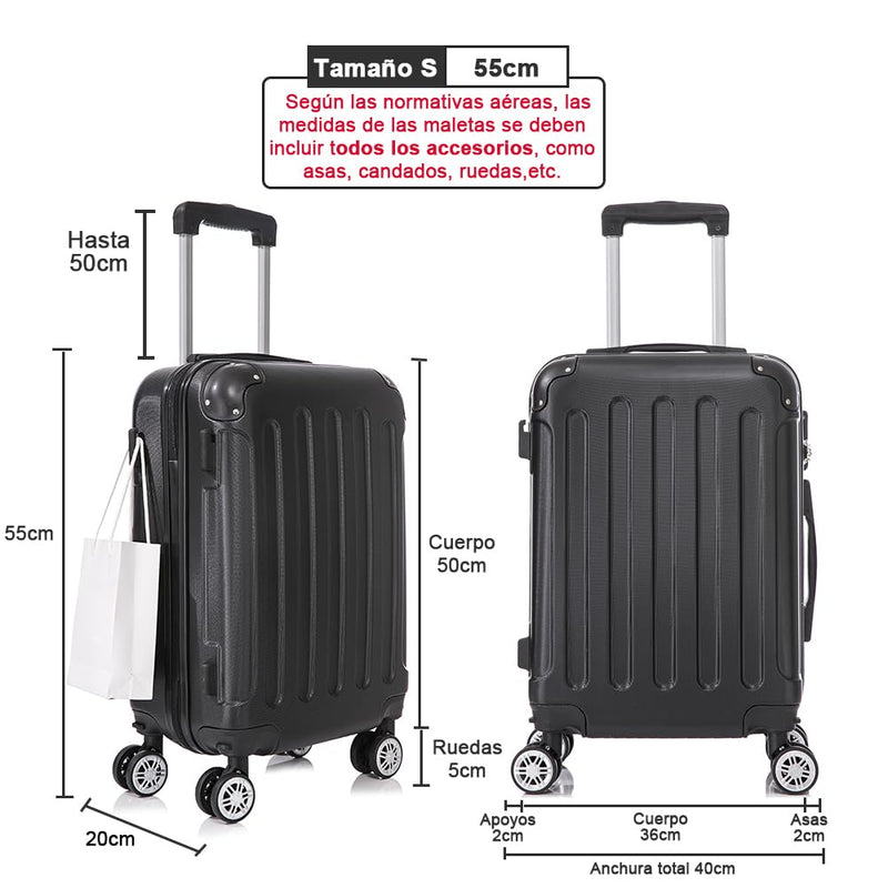 RAYKONG Maleta de Cabina ABS, 55x40x20 cm (40L), con 4 Ruedas Dobles 360°, Negra