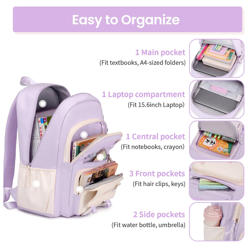 Tanou Mochila Escolar para Niñas de 8-12 Años, 20L, Kawaii, Impermeable, Morado