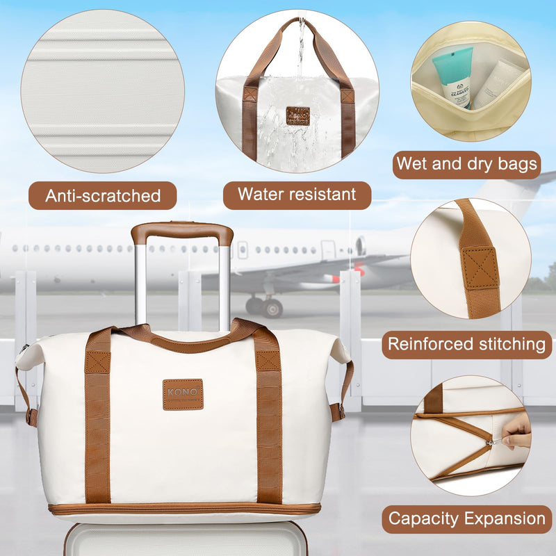 Kono Juego de Equipaje de 4 Piezas, ABS Rígido Ligero, Maleta de Cabina con Cerradura TSA, Incluye Bolsa Fin de Semana y Neceser, Blanco Crema