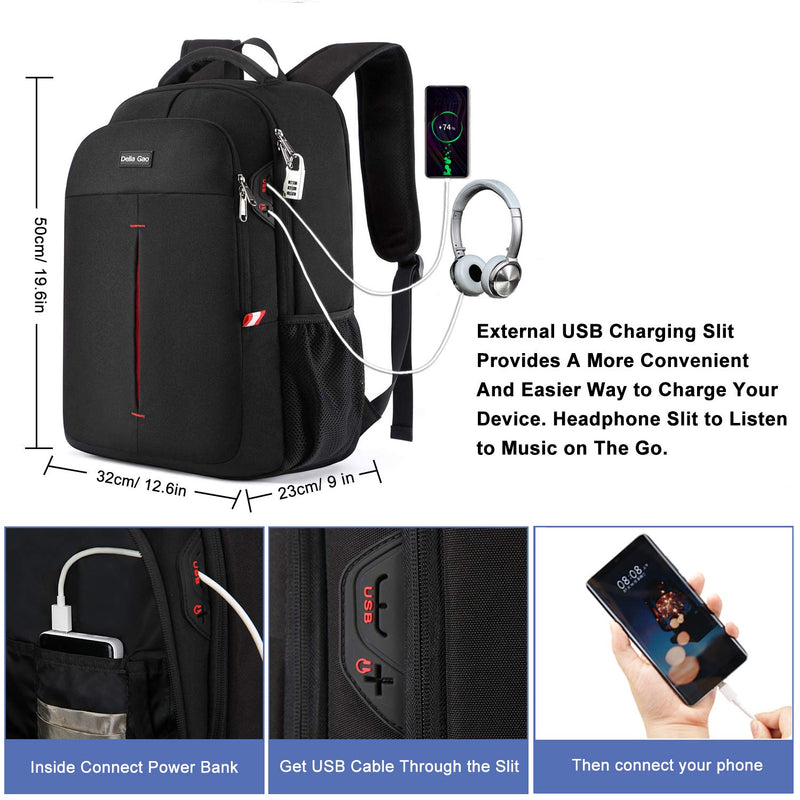 Mochila para portátil de 17.3 pulgadas, antirrobo, impermeable, con puerto USB, para viaje y trabajo, Negra
