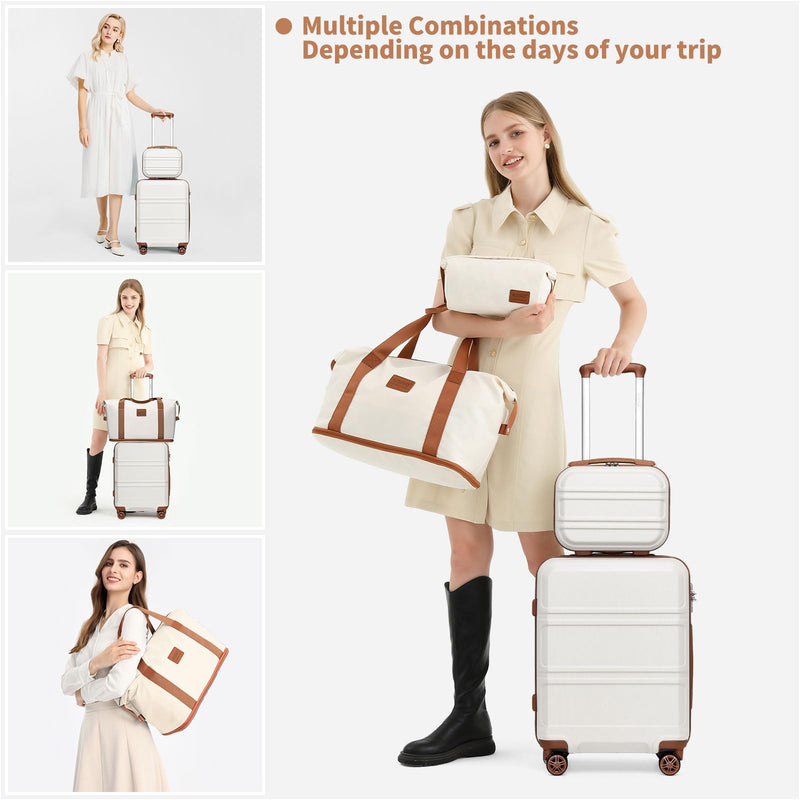 Kono Juego de Equipaje de 4 Piezas, ABS Rígido Ligero, Maleta de Cabina con Cerradura TSA, Incluye Bolsa Fin de Semana y Neceser, Blanco Crema