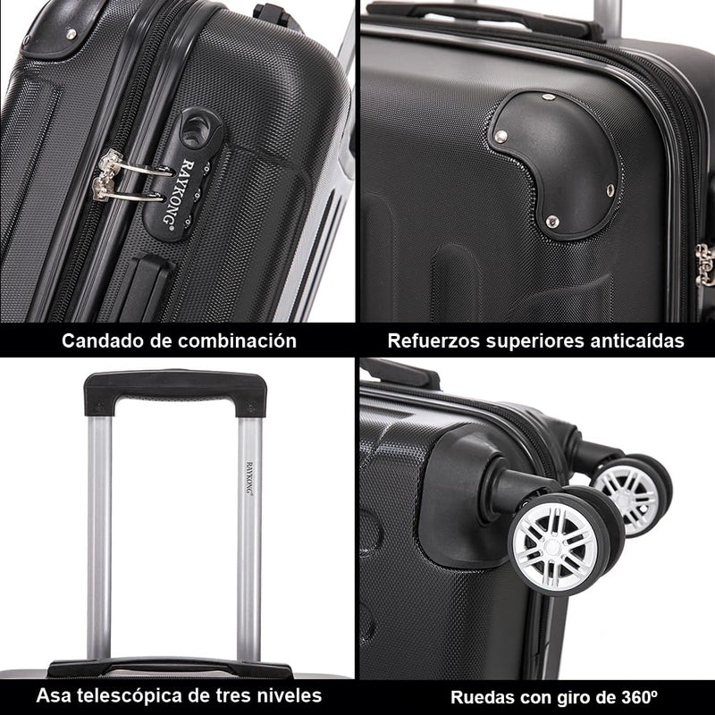 RAYKONG Maleta de Cabina ABS, 55x40x20 cm (40L), con 4 Ruedas Dobles 360°, Negra