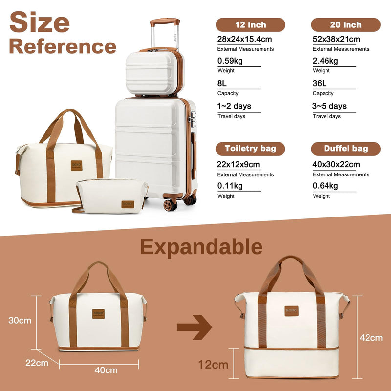 Kono Juego de Equipaje de 4 Piezas, ABS Rígido Ligero, Maleta de Cabina con Cerradura TSA, Incluye Bolsa Fin de Semana y Neceser, Blanco Crema