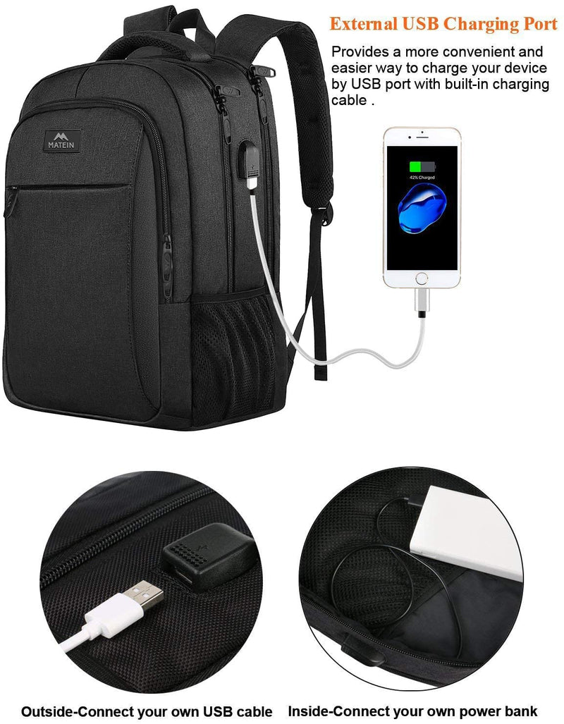 MATEIN Mochila para Portátil de 15.6 Pulgadas, Antirrobo, Impermeable, con Puerto USB, para Hombre, Negro