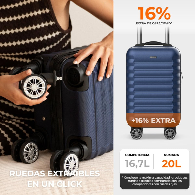 NUMADA Upfly Maleta de Cabina Underseat 40x25x20 cm (20L), ABS, con Ruedas Desmontables, Ideal para Ryanair, Azul Marino