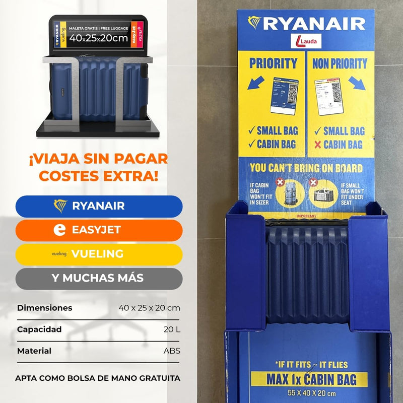 NUMADA Upfly Maleta de Cabina Underseat 40x25x20 cm (20L), ABS, con Ruedas Desmontables, Ideal para Ryanair, Azul Marino