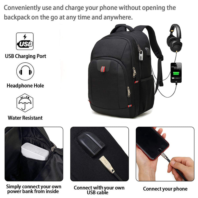 Mochila Antirrobo para Portátil de 17.3 Pulgadas, Impermeable, con Puerto USB, para Hombre, Negro