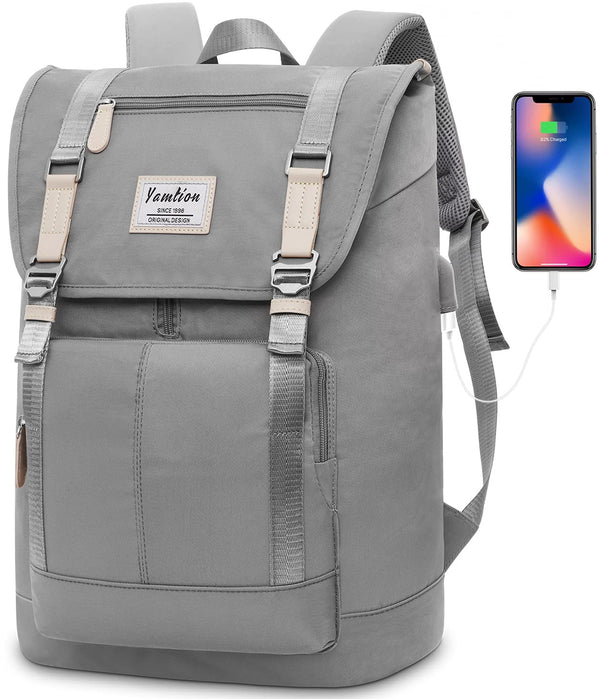 YAMTION Mochila para Portátil de 17", con Puerto USB, Unisex, para Universidad, Gris