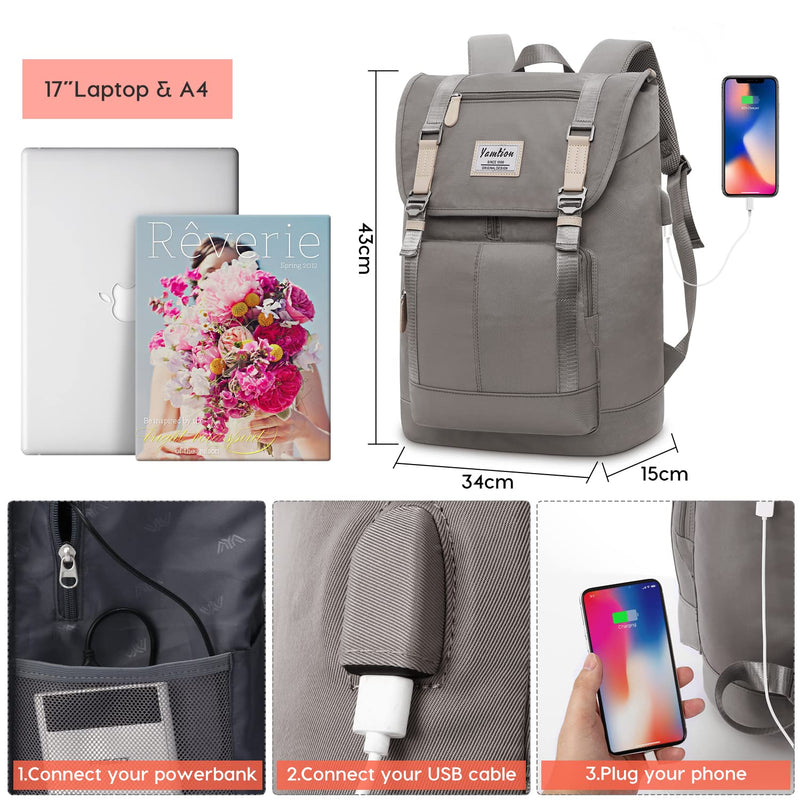 YAMTION Mochila para Portátil de 17", con Puerto USB, Unisex, para Universidad, Gris