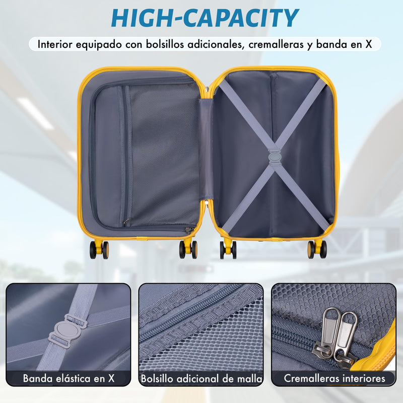 Maleta de Cabina ABS Semirrígida, 57x37x23 cm, con 4 Ruedas Dobles 360º y Candado TSA, Amarilla